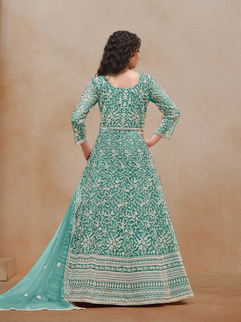 Monjolika Fashion Turquoise Color Embroidered Santoon Net Salwar Suit | Grocsy