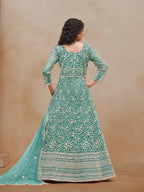 Monjolika Fashion Turquoise Color Embroidered Santoon Net Salwar Suit | Grocsy