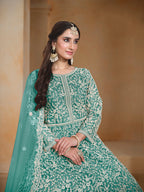 Monjolika Fashion Turquoise Color Embroidered Santoon Net Salwar Suit | Grocsy
