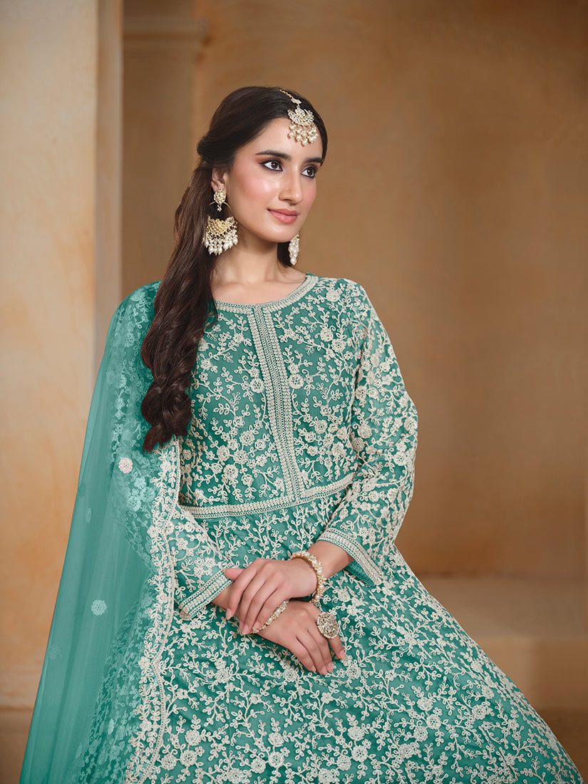 Monjolika Fashion Turquoise Color Embroidered Santoon Net Salwar Suit | Grocsy