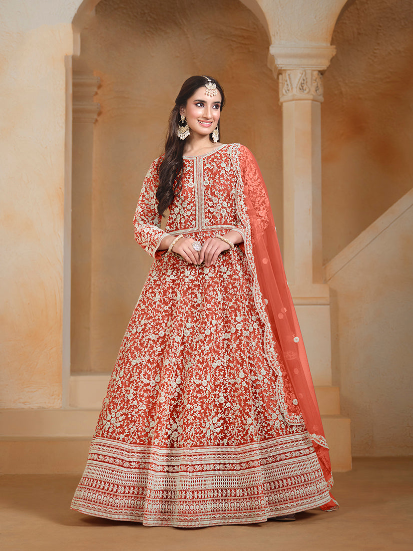 Monjolika Fashion Dark-Orange Color Embroidered Santoon Net Salwar Suit | Grocsy