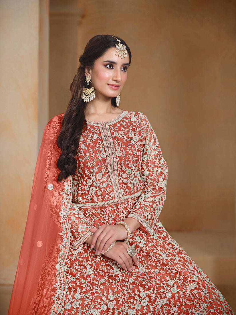 Monjolika Fashion Dark-Orange Color Embroidered Santoon Net Salwar Suit | Grocsy