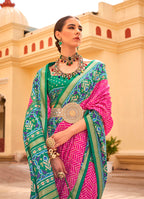 Monjolika Fashion Patola Silk Rani Pink And Green Patola Print Classic Saree | Grocsy