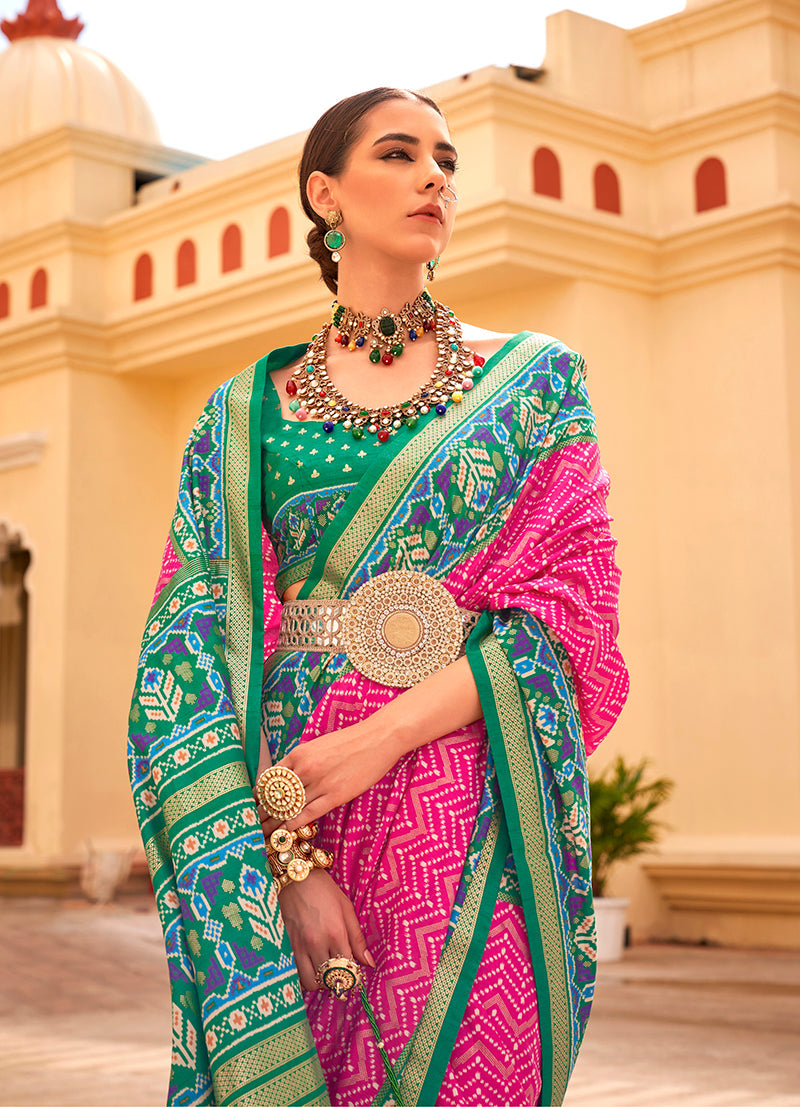 Monjolika Fashion Patola Silk Rani Pink And Green Patola Print Classic Saree | Grocsy