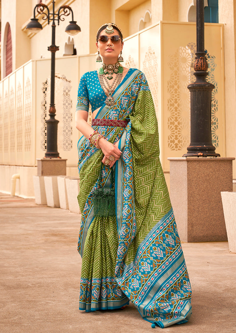 Monjolika Fashion Patola Silk Olive And Light Blue Patola Print Classic Saree | Grocsy