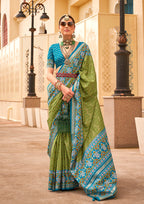 Monjolika Fashion Patola Silk Olive And Light Blue Patola Print Classic Saree | Grocsy