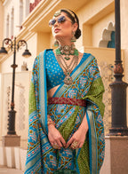 Monjolika Fashion Patola Silk Olive And Light Blue Patola Print Classic Saree | Grocsy