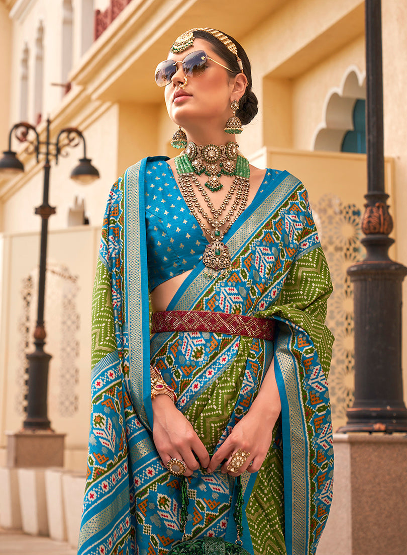 Monjolika Fashion Patola Silk Olive And Light Blue Patola Print Classic Saree | Grocsy