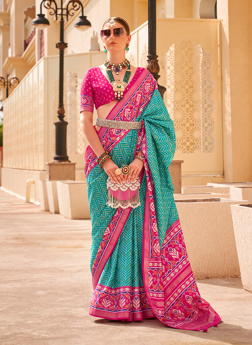 Monjolika Fashion Patola Silk Turquoise And Rani Pink Patola Print Classic Saree | Grocsy