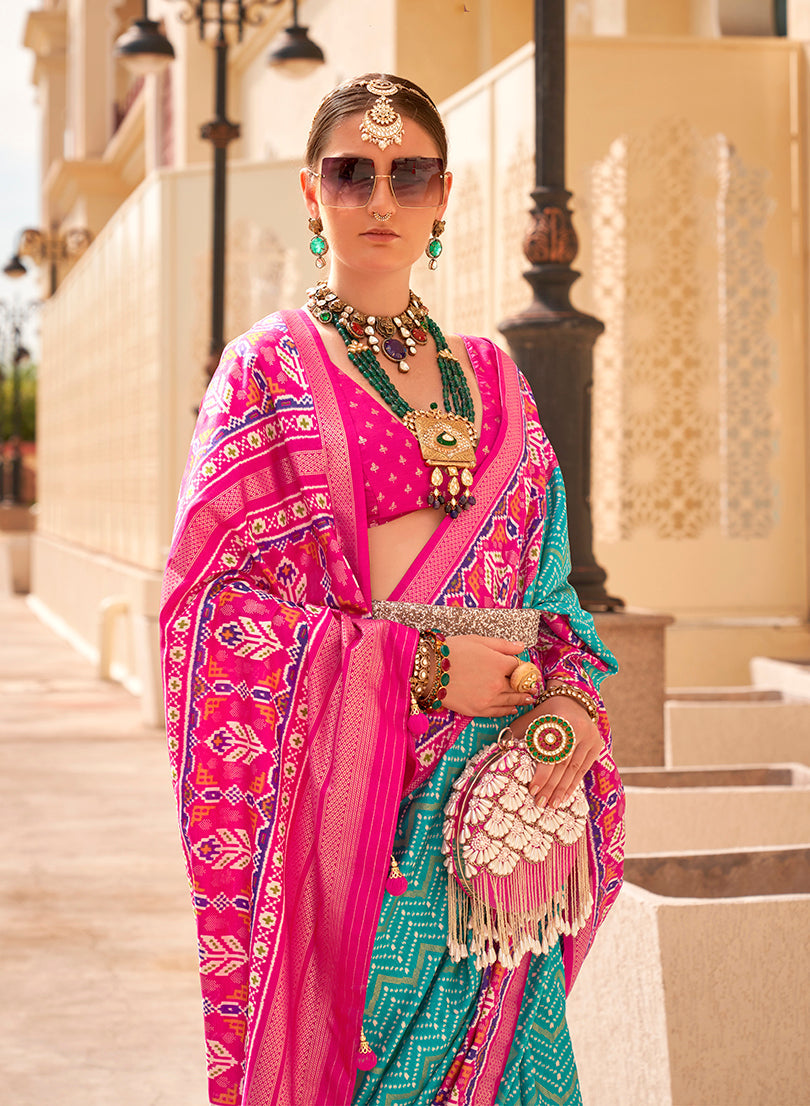 Monjolika Fashion Patola Silk Turquoise And Rani Pink Patola Print Classic Saree | Grocsy
