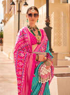 Monjolika Fashion Patola Silk Turquoise And Rani Pink Patola Print Classic Saree | Grocsy