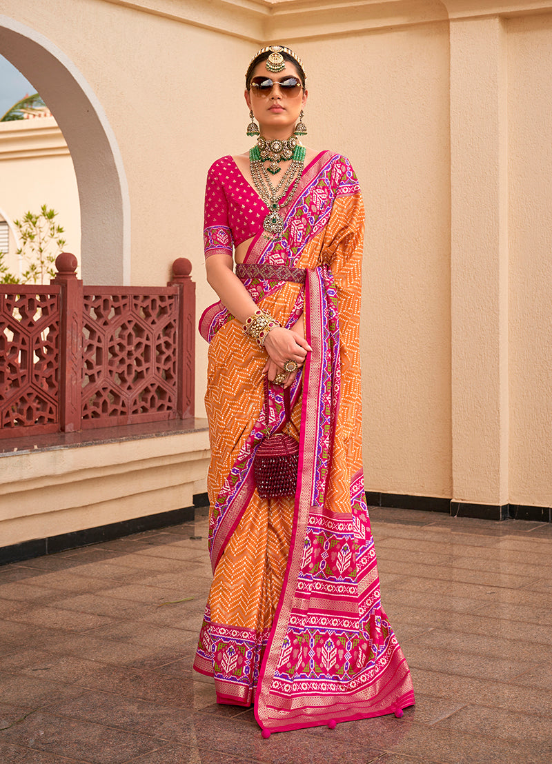 Monjolika Fashion Patola Silk Mustard And Rani Pink Patola Print Classic Saree | Grocsy