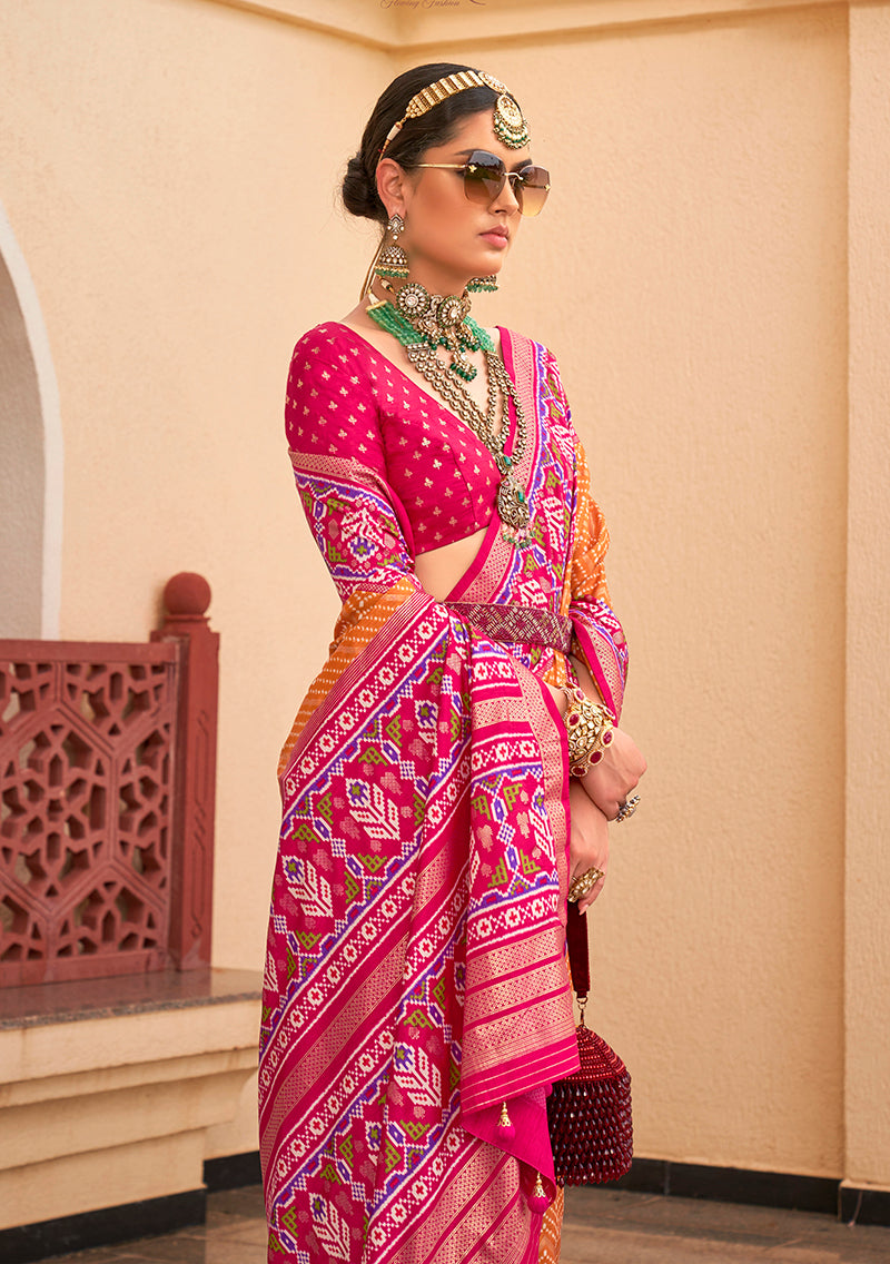 Monjolika Fashion Patola Silk Mustard And Rani Pink Patola Print Classic Saree | Grocsy