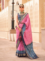 Monjolika Fashion Patola Silk Pink And Navy Blue Patola Print Classic Saree | Grocsy
