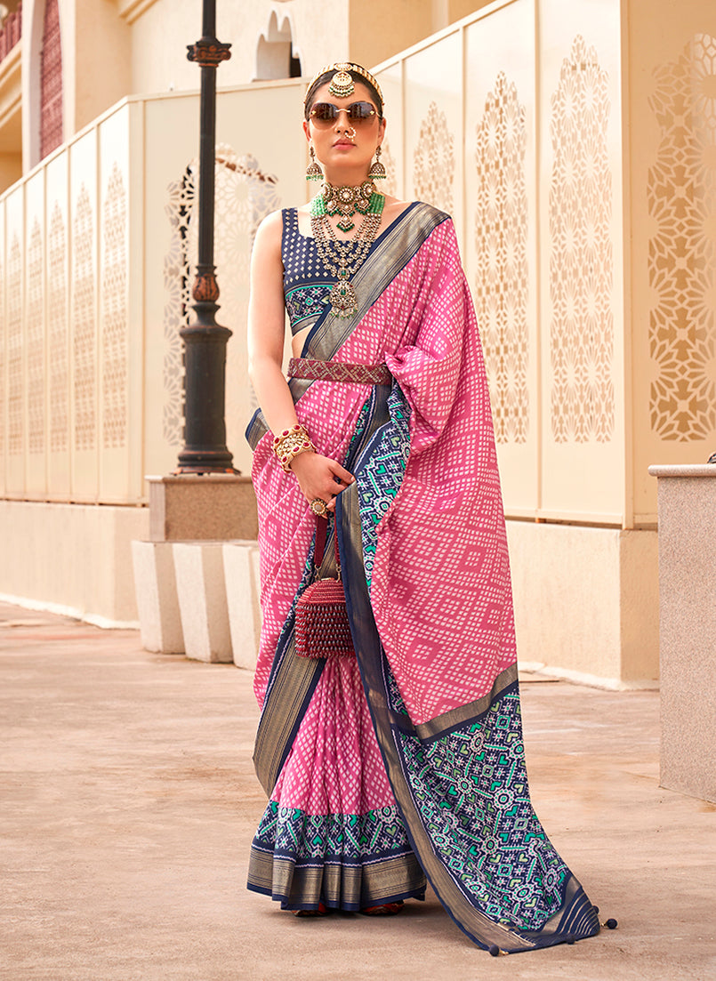 Monjolika Fashion Patola Silk Pink And Navy Blue Patola Print Classic Saree | Grocsy