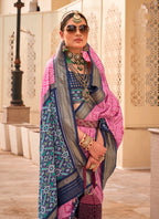 Monjolika Fashion Patola Silk Pink And Navy Blue Patola Print Classic Saree | Grocsy