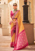 Monjolika Fashion Patola Silk Yellow And Rani Pink Patola Print Classic Saree | Grocsy