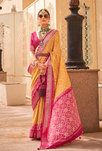 Monjolika Fashion Patola Silk Yellow And Rani Pink Patola Print Classic Saree | Grocsy