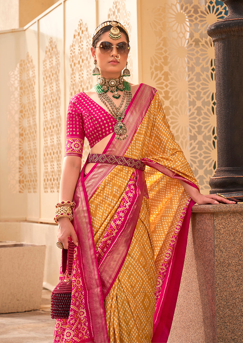 Monjolika Fashion Patola Silk Yellow And Rani Pink Patola Print Classic Saree | Grocsy