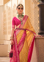 Monjolika Fashion Patola Silk Yellow And Rani Pink Patola Print Classic Saree | Grocsy