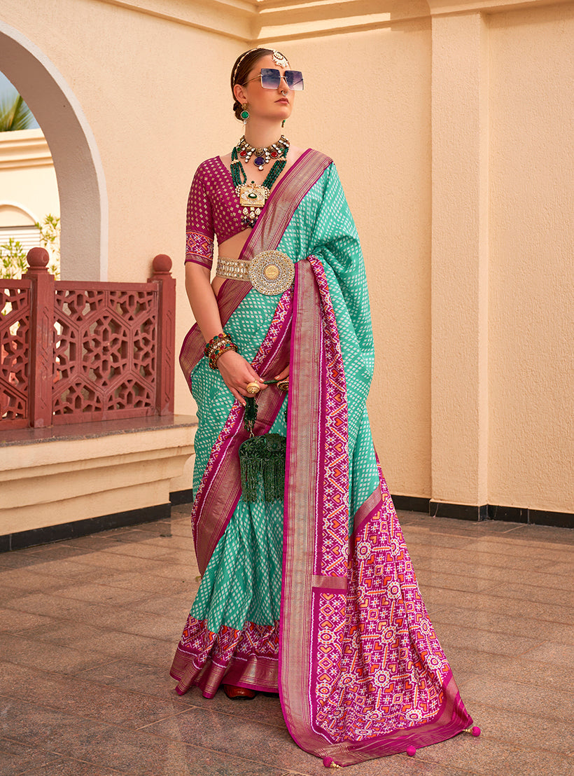 Monjolika Fashion Patola Silk Light Sea Green And Magenta Patola Print Classic Saree | Grocsy