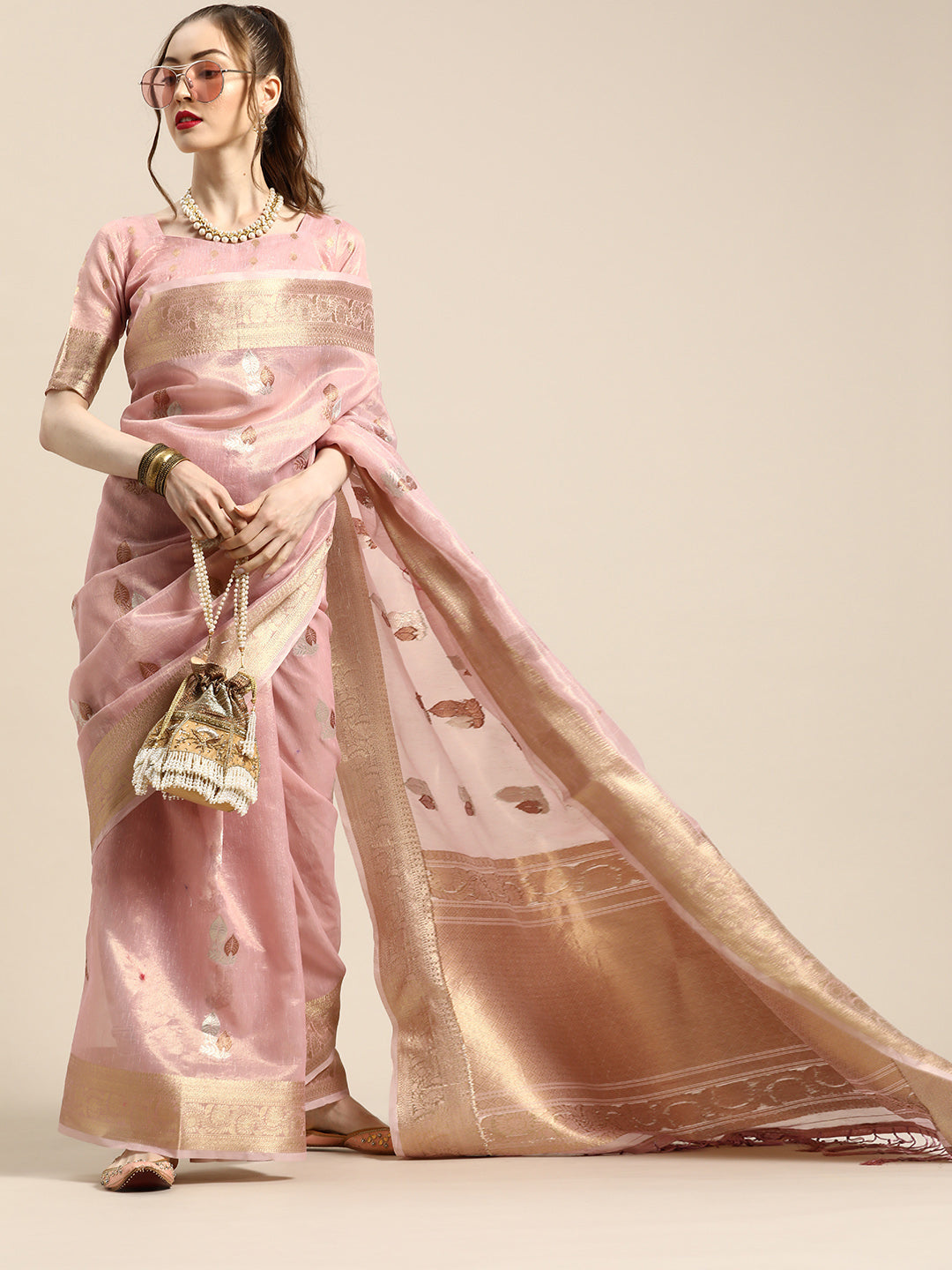 Saree Mall Ethnic Motifs Silk Blend with Woven Design Border Saree | Grocsy