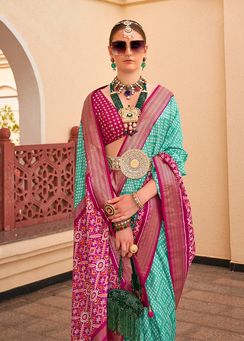 Monjolika Fashion Patola Silk Light Sea Green And Magenta Patola Print Classic Saree | Grocsy