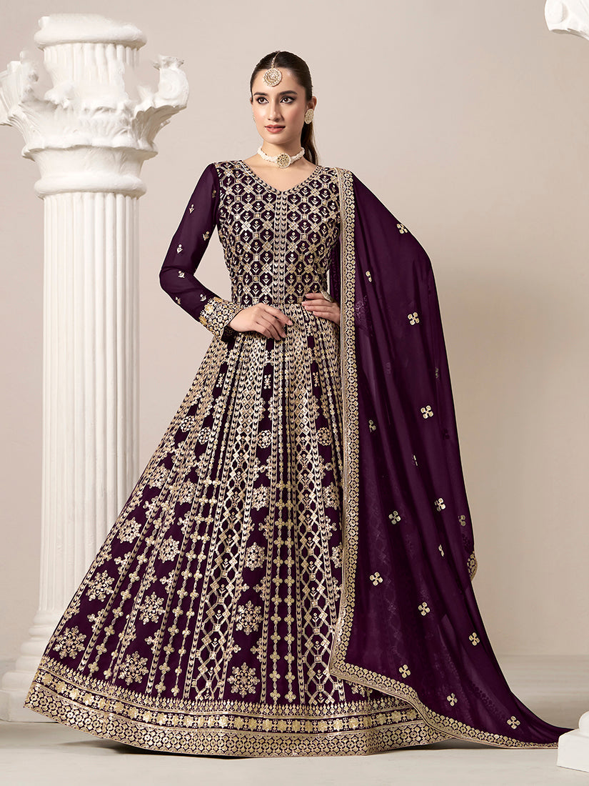 Monjolika Fashion Dark-Purple Color Embroidered Santoon Georgette Salwar Suit | Grocsy