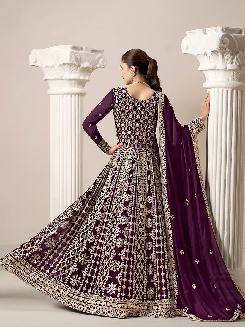 Monjolika Fashion Dark-Purple Color Embroidered Santoon Georgette Salwar Suit | Grocsy