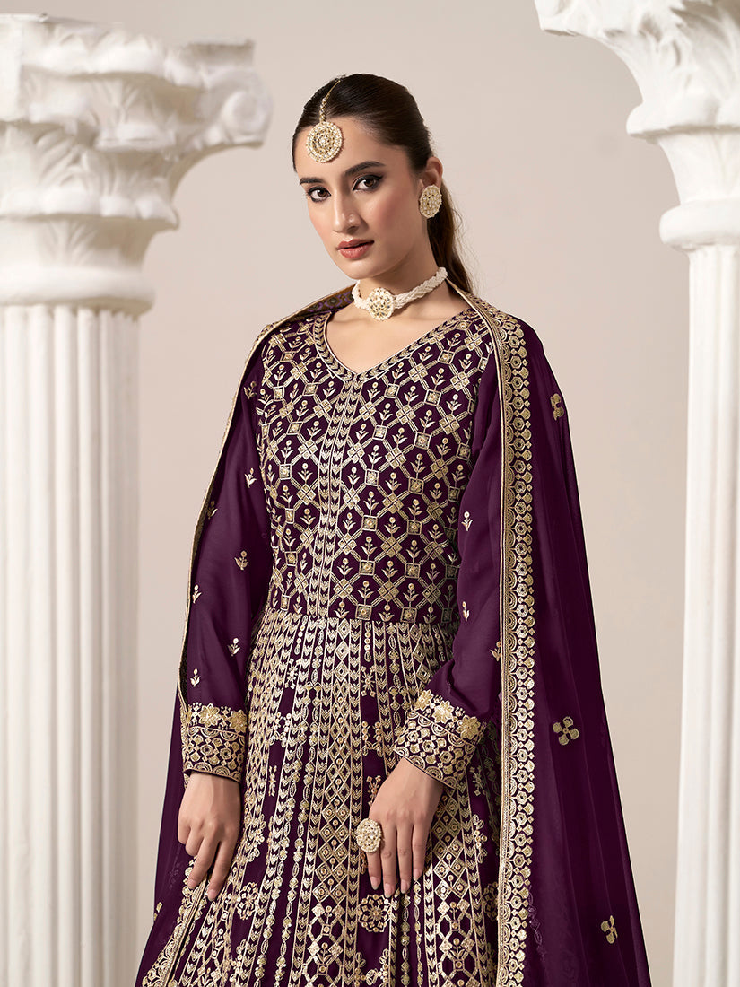 Monjolika Fashion Dark-Purple Color Embroidered Santoon Georgette Salwar Suit | Grocsy