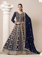 Monjolika Fashion Navy-Blue Color Embroidered Santoon Georgette Salwar Suit | Grocsy