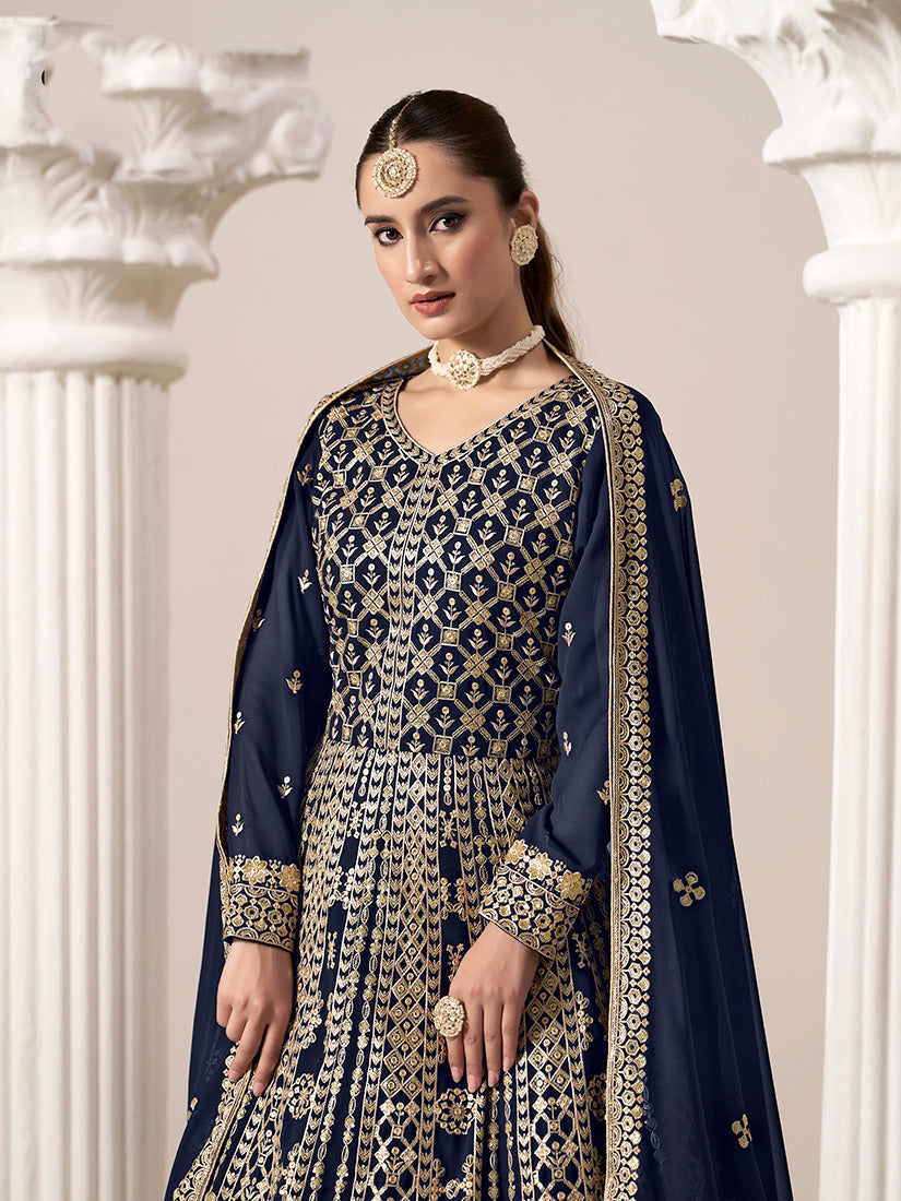 Monjolika Fashion Navy-Blue Color Embroidered Santoon Georgette Salwar Suit | Grocsy
