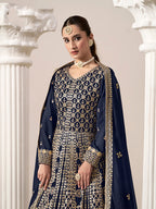 Monjolika Fashion Navy-Blue Color Embroidered Santoon Georgette Salwar Suit | Grocsy