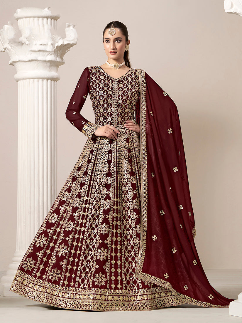 Monjolika Fashion Maroon Color Embroidered Santoon Georgette Salwar Suit | Grocsy