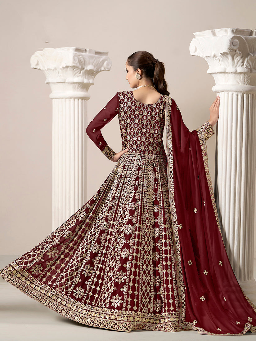 Monjolika Fashion Maroon Color Embroidered Santoon Georgette Salwar Suit | Grocsy