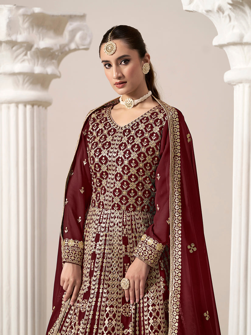 Monjolika Fashion Maroon Color Embroidered Santoon Georgette Salwar Suit | Grocsy