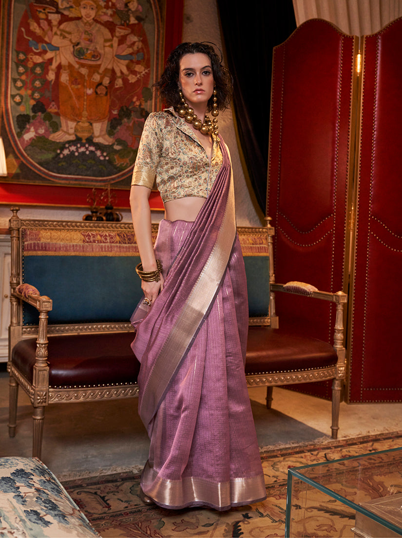Monjolika Fashion Onion Pink Chiffon Weaving Trendy Saree | Grocsy