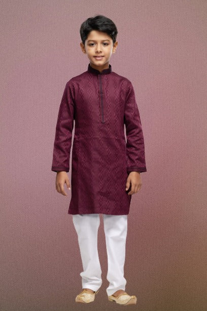 Raivat Ethnic Art Silk Thread Work Kids Kurta Pajama In Maroon Colour | Grocsy