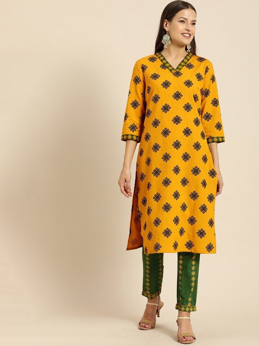All About You Women Mustard Yellow Ethnic Motifs Printed Kurta with Green Printed Trousers | Grocsy