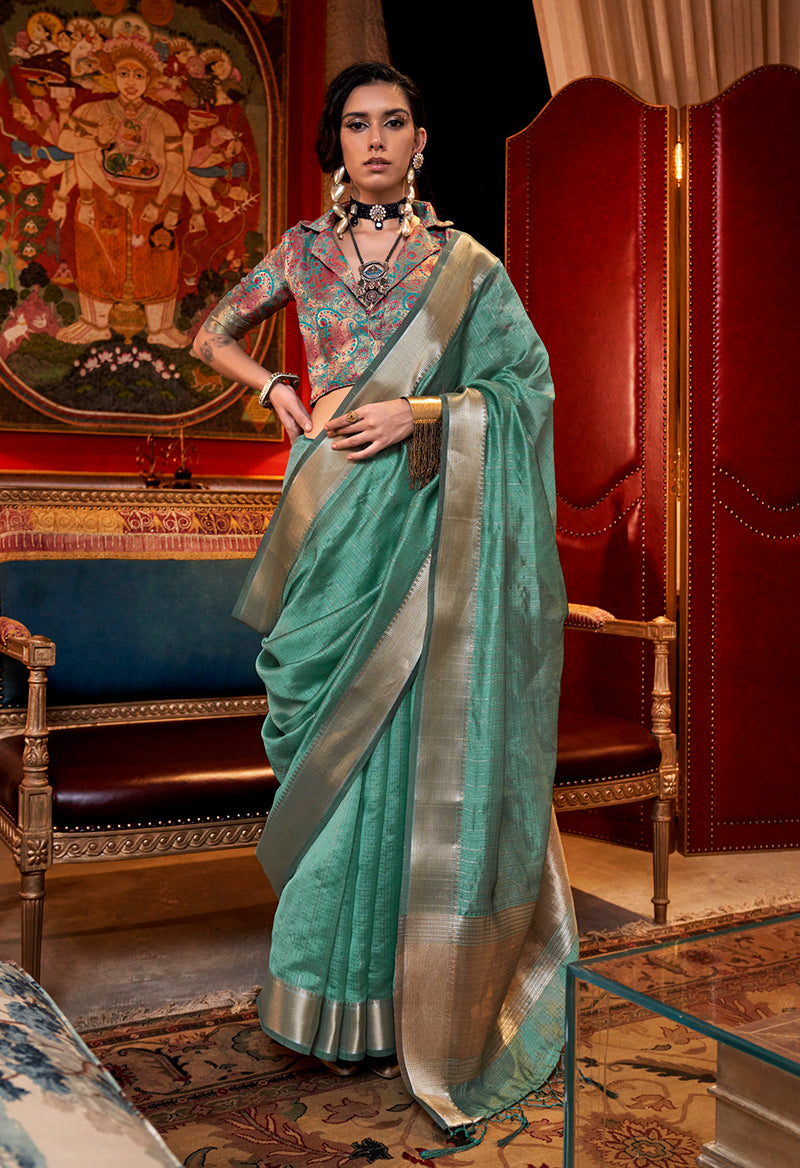 Monjolika Fashion Turquoise Chiffon Weaving Trendy Saree | Grocsy