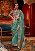 Monjolika Fashion Turquoise Chiffon Weaving Trendy Saree | Grocsy