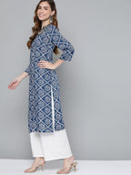 HERE&NOW Women Blue & White Geometric Printed Kurta | Grocsy