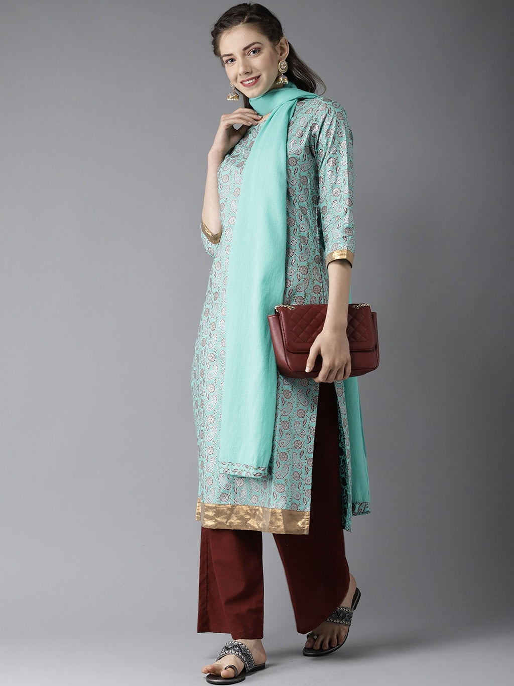 HERE&NOW Women Blue & Brown Printed Kurta with Palazzos & Dupatta | Grocsy