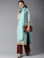 HERE&NOW Women Blue & Brown Printed Kurta with Palazzos & Dupatta | Grocsy