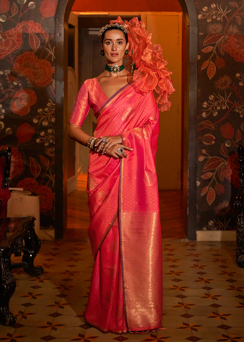 Monjolika Fashion Handloom Silk Weaving Peach Trendy Saree | Grocsy