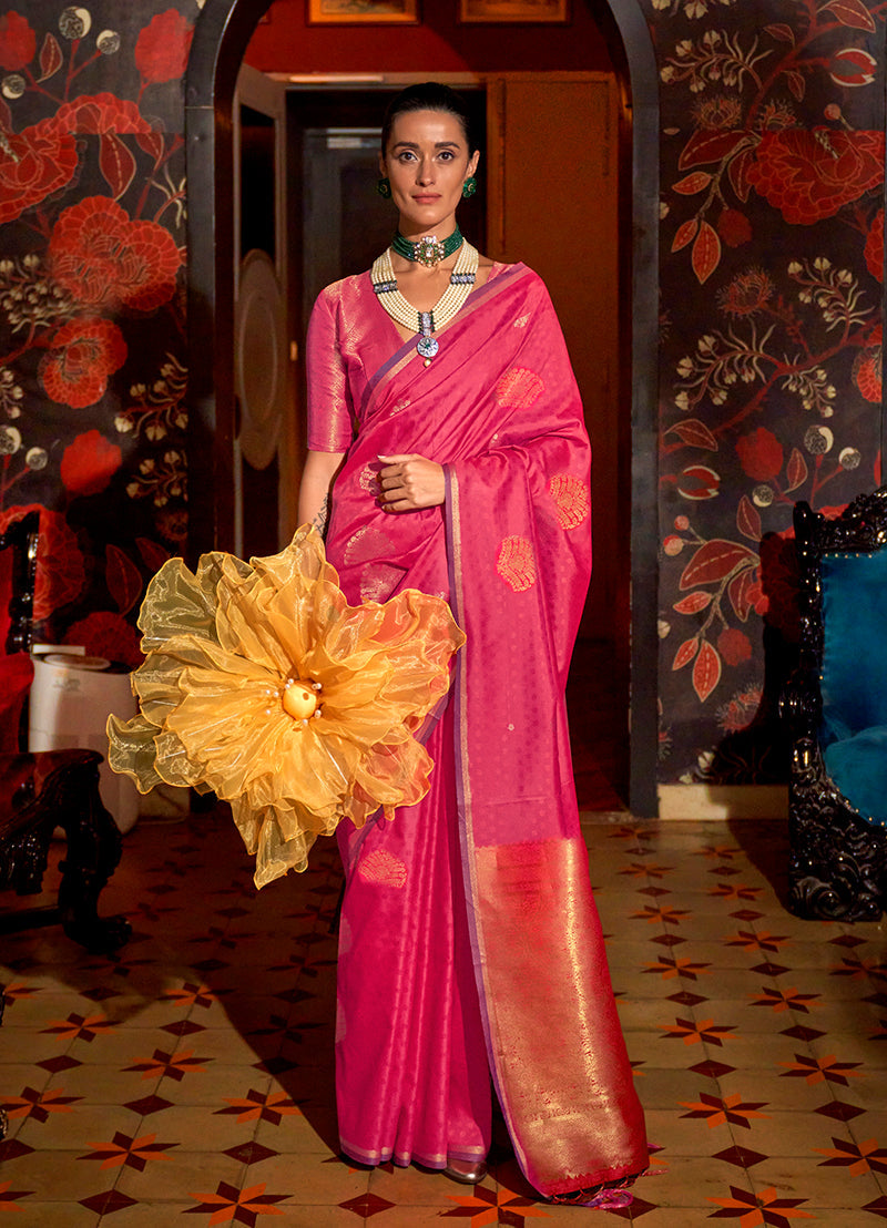 Monjolika Fashion Handloom Silk Weaving Pink Trendy Saree | Grocsy
