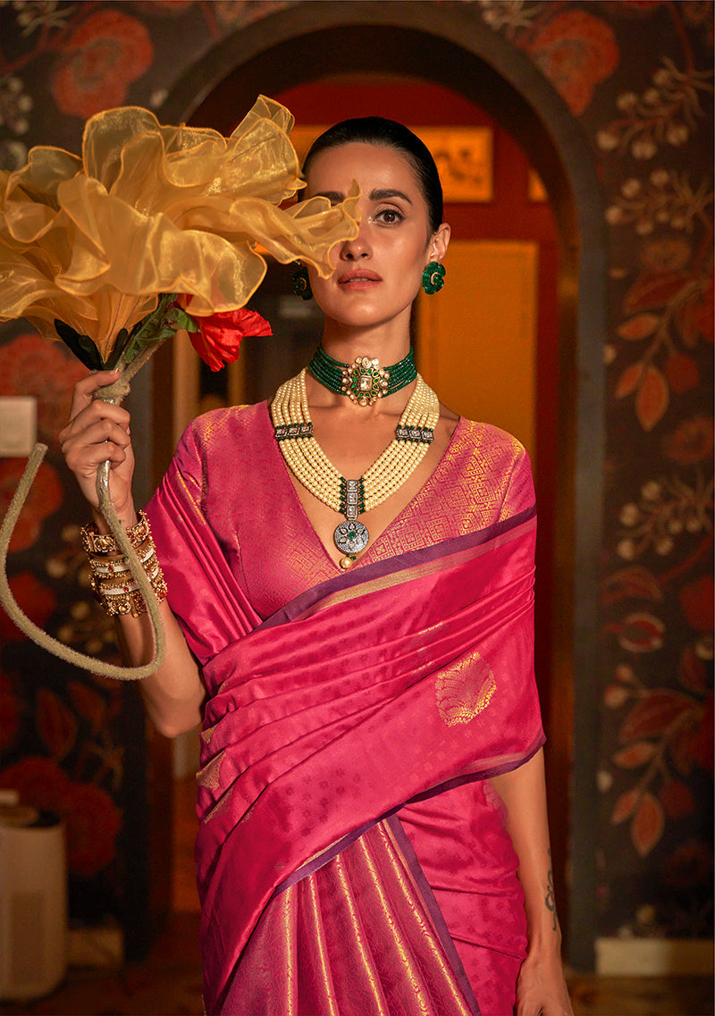 Monjolika Fashion Handloom Silk Weaving Pink Trendy Saree | Grocsy