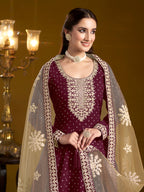 Monjolika Fashion Burgundy Color Embroidered Santoon Chanderi Silk Salwar Suit | Grocsy