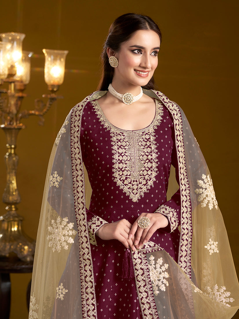 Monjolika Fashion Burgundy Color Embroidered Santoon Chanderi Silk Salwar Suit | Grocsy