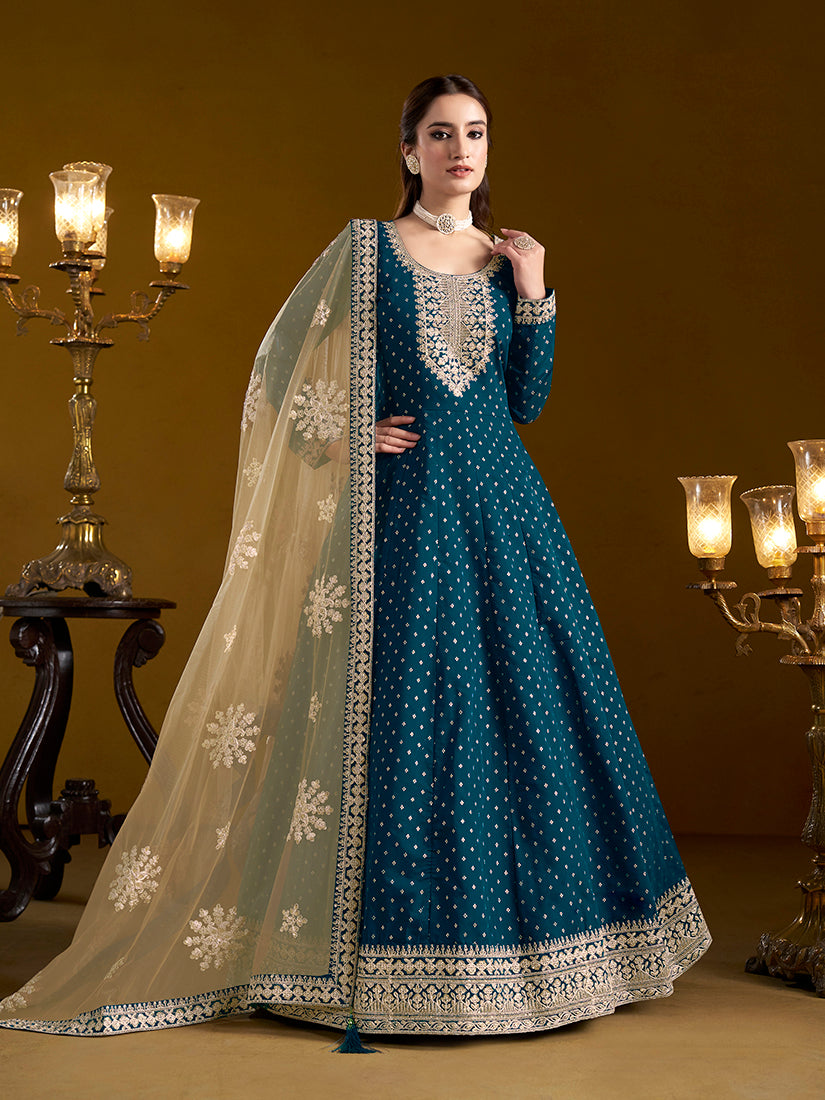 Monjolika Fashion Teal-Blue Color Embroidered Santoon Chanderi Silk Salwar Suit | Grocsy